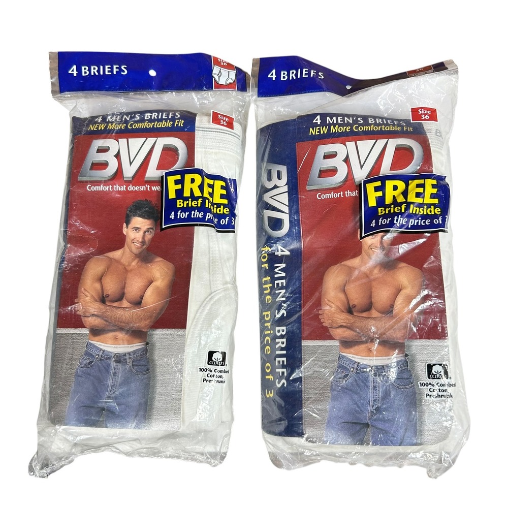 Vintage 1996 BVD Mens Briefs 8 Pack White 100% Cotton Size 36 New Old Stock